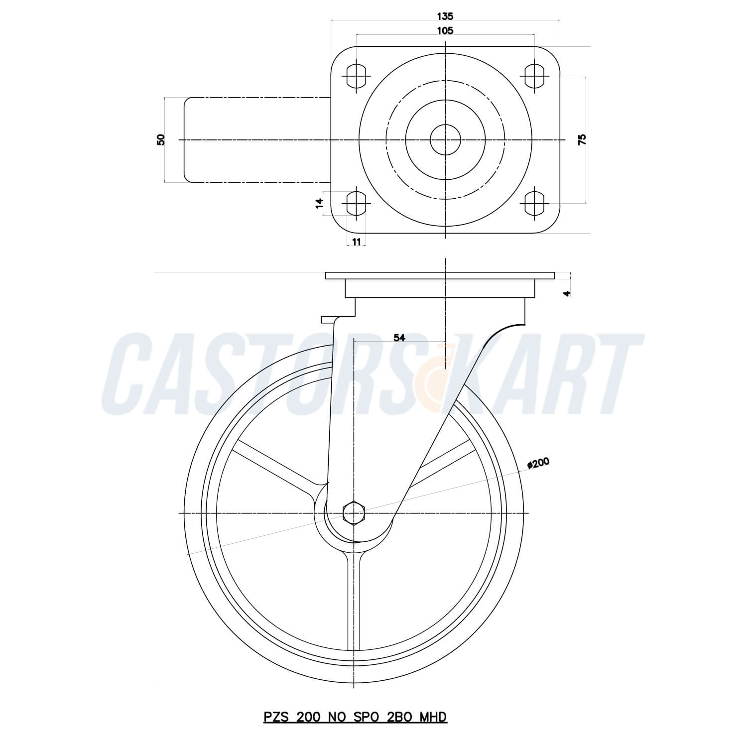 Heavy Duty Trolley Swivel Nylon Castors - 200 mm (8 inch) 400 kgs