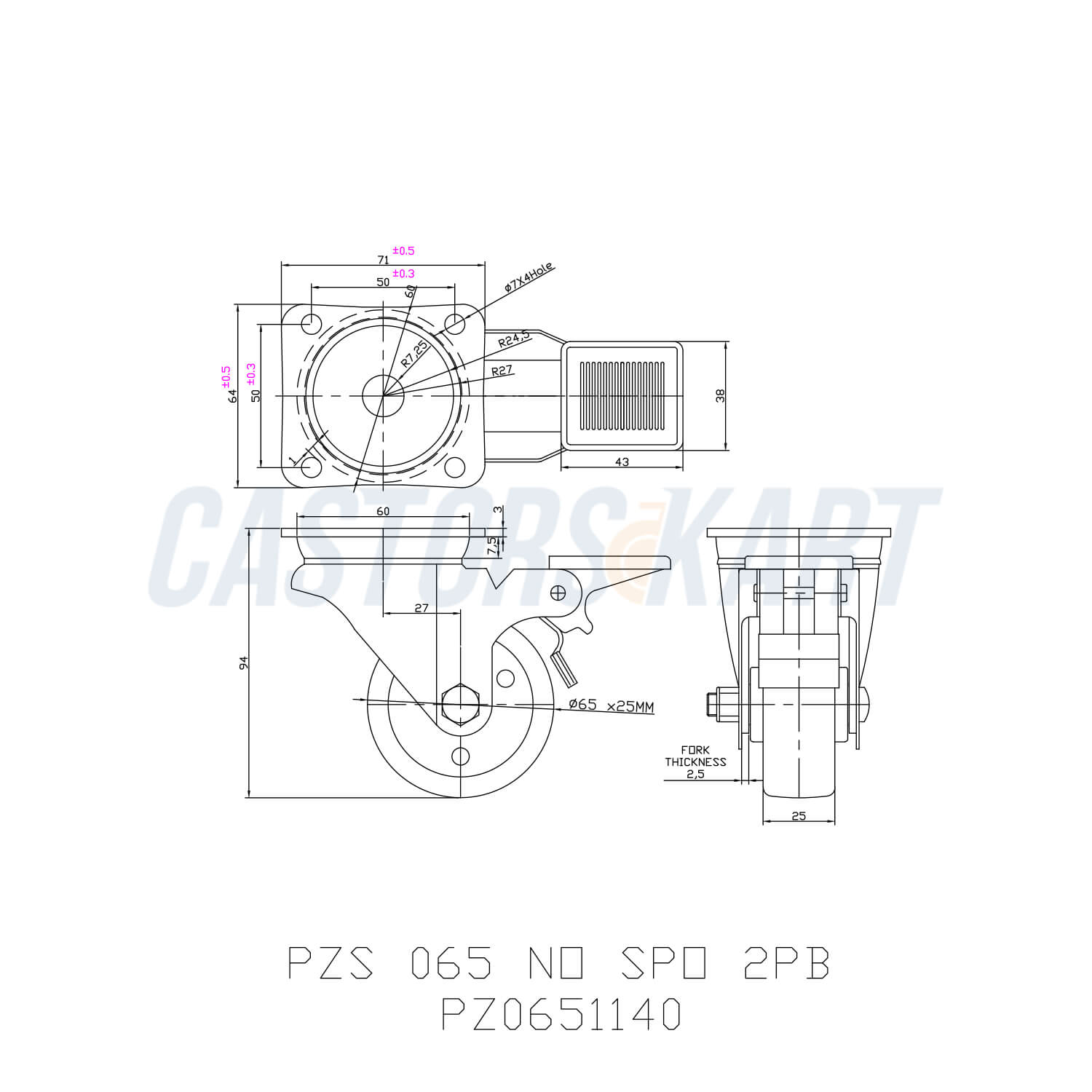Red Nylon wheel  swivel type stainless steel Castor with Brake - Castor CAD graph image