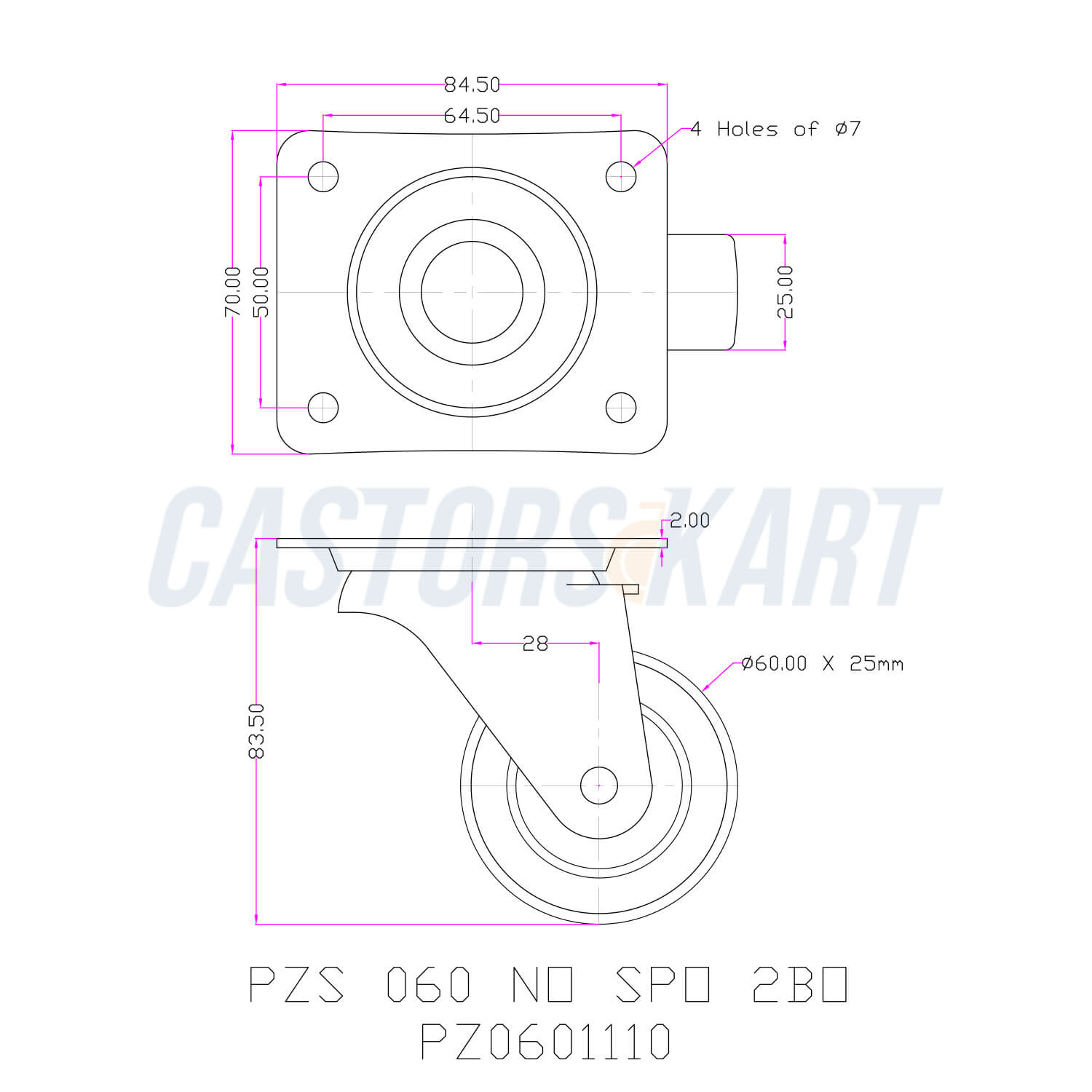 Red Nylon wheel swivel type stainless steel 60mm Castor - Castor CAD graph image