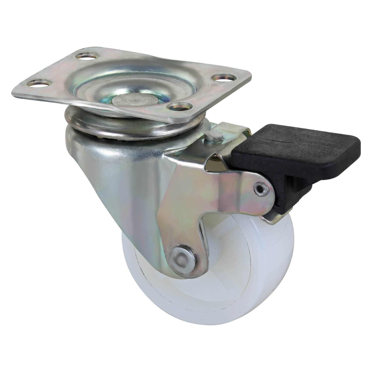 White Nylon wheel swivel type stainless steel 50mm Castor with Brake - left side view castor image
