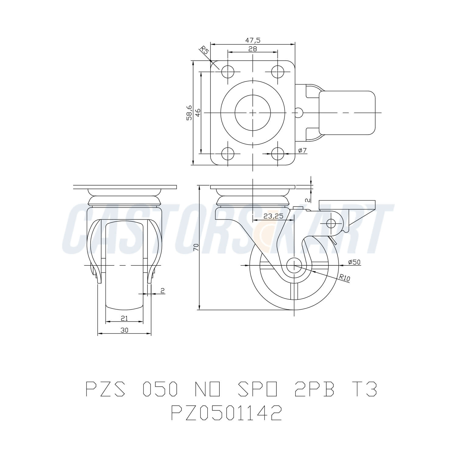 White Nylon wheel swivel type stainless steel 50mm Castor with Brake - Castor CAD graph image