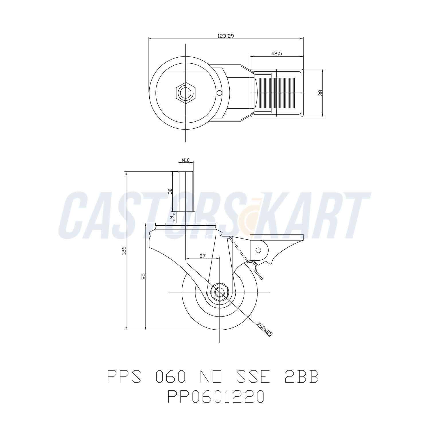 Black color Nylon wheel swivel type stainless steel 60mm Castor with brake- Castor CAD graph image