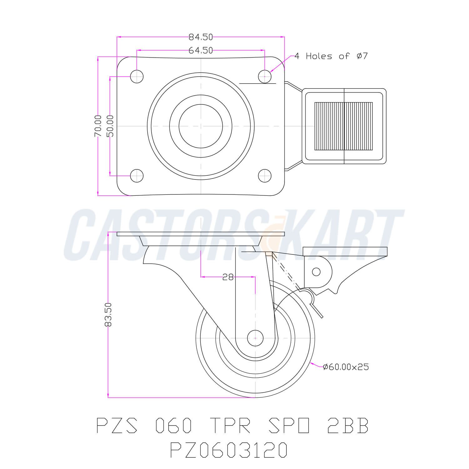 Furniture TPR Swivel Type Castors With Brake  - 60 mm (2.4 inch) 60 Kgs
