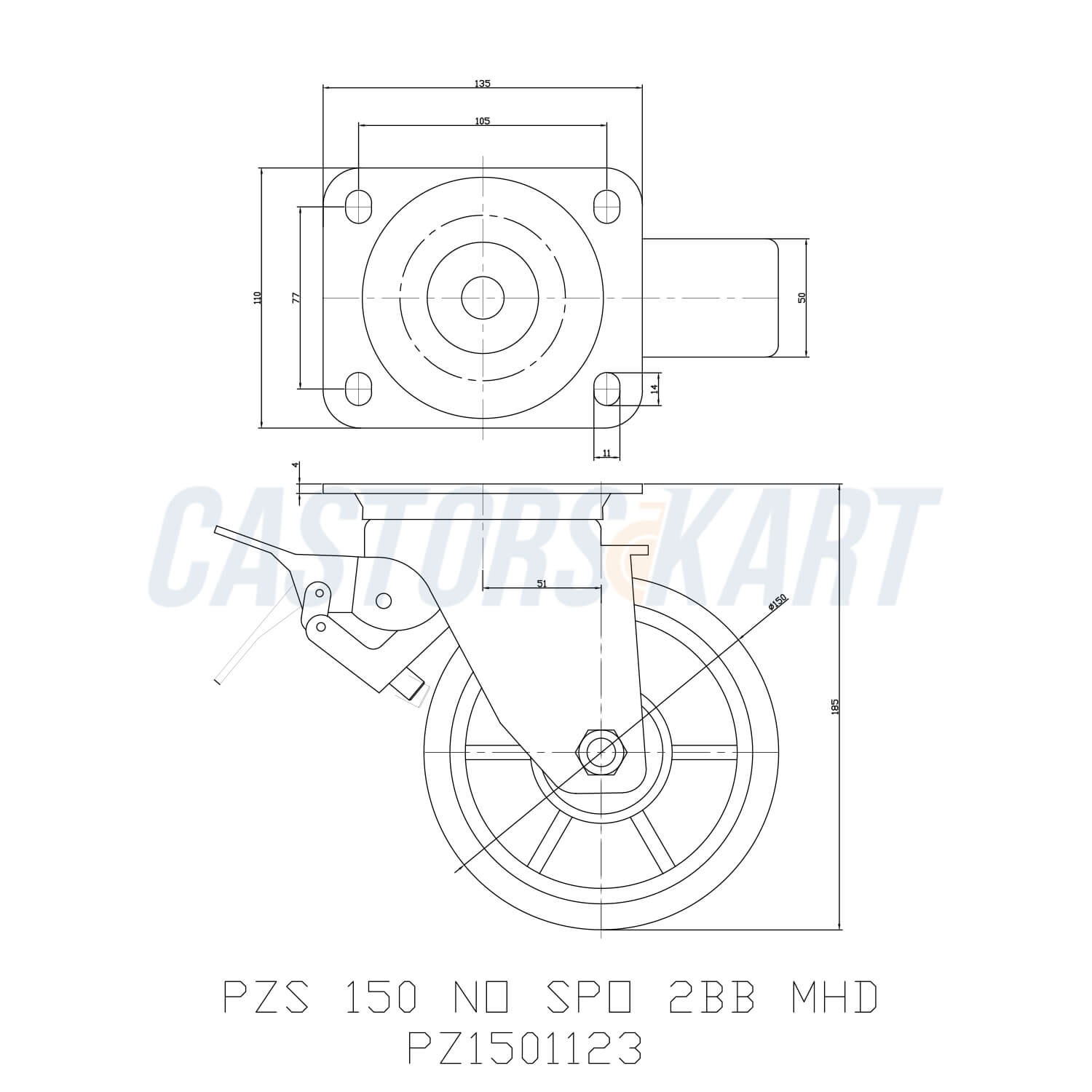Heavy Duty Trolley Swivel Nylon Castors With Brake - 150 mm (6 inch) 300 Kgs
