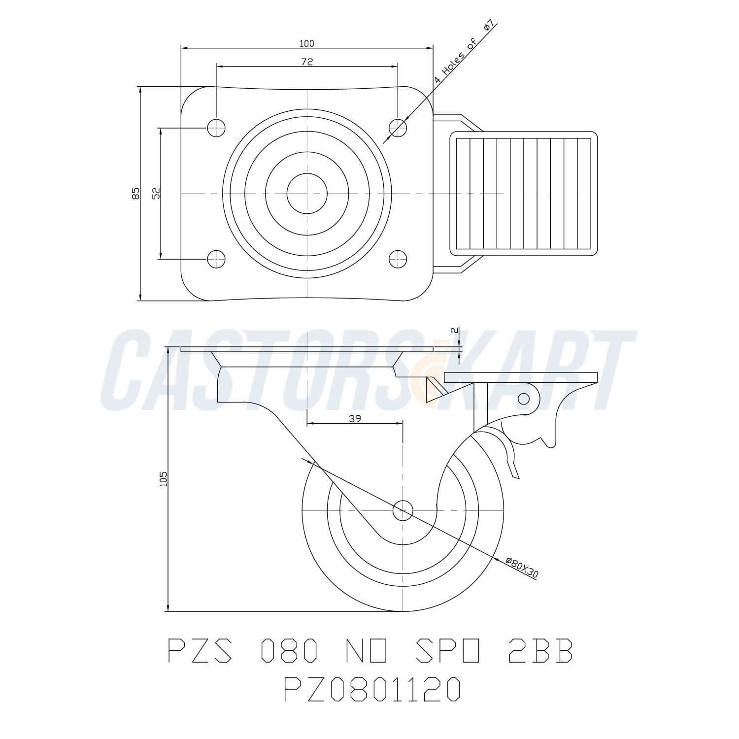 Nylon Swivel Type Castors With Brake - 80 mm (3.15 inch) 80 Kgs